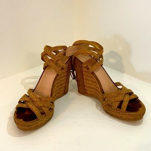 Stuart Weitzman Reins Tan Straw Wedge Shoes